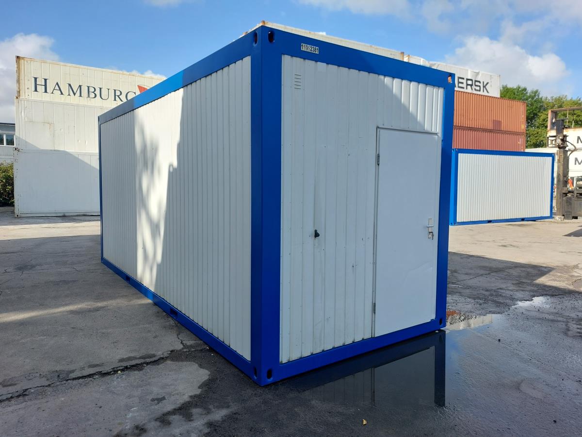 20 Fuß Bürocontainer in weiß mit blauem Containerrahmen