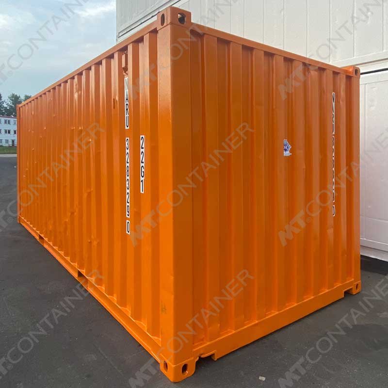 Orangener 20 Fuß Lagercontainer NARU 328329 0, Vorderansicht von außen links