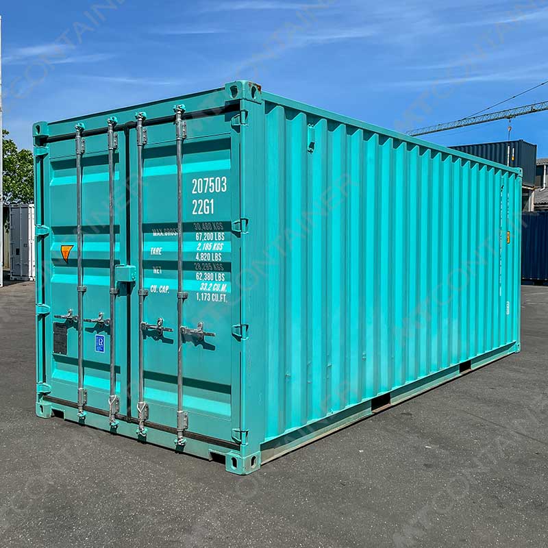 Türkiser 20 Fuß Seecontainer 207503, Rückansicht von außen rechts