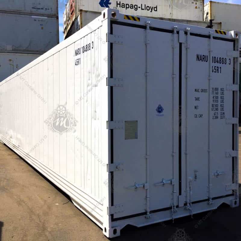 Weißer Kühlcontainer NARU 104888-3 von vorne.