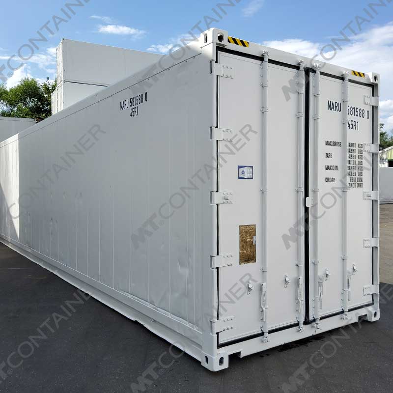 Weißer 40 Fuß High Cube Kühlcontainer NARU 581588 0, Blick von außen