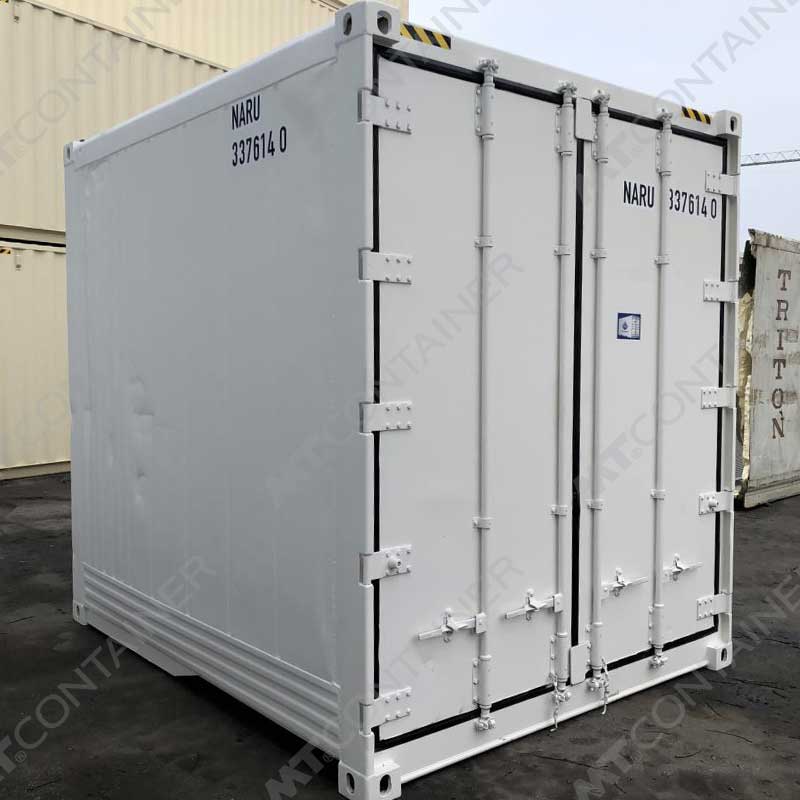 Weißer 10 Fuß High Cube Kühlcontainer NARU 337614 0, Rückansicht von außen links