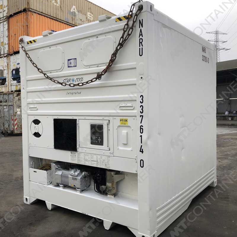 Weißer 10 Fuß High Cube Kühlcontainer NARU 337614 0, Blick auf das Kühlaggregat