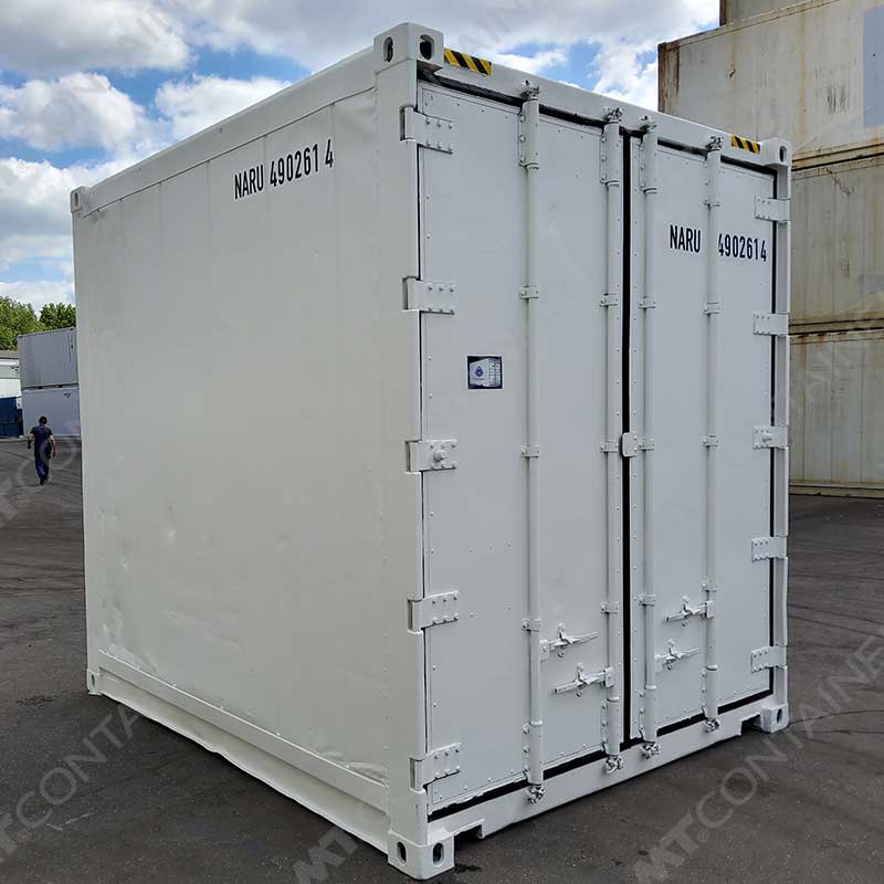 Weißer 10 Fuß High Cube Kühlcontainer NARU 490261 4, Rückansicht von außen links