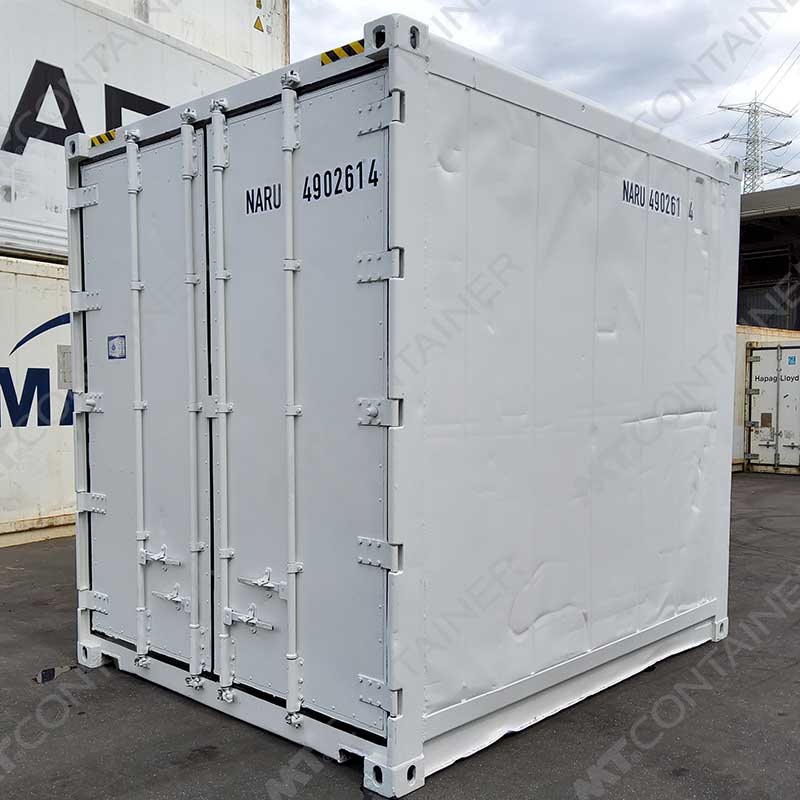Weißer 10 Fuß High Cube Kühlcontainer NARU 490261 4, Rückansicht von außen rechts