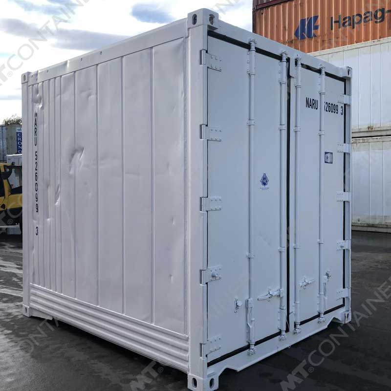 Weißer 10 Fuß High Cube Kühlcontainer NARU 526099 3, Rückansicht von außen links