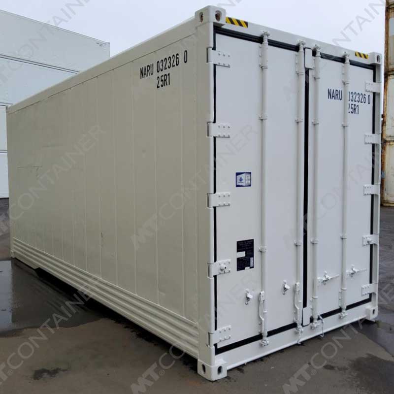 Weißer 20 Fuß High Cube Kühlcontainer NARU 032326 0, Rückansicht von außen rechts