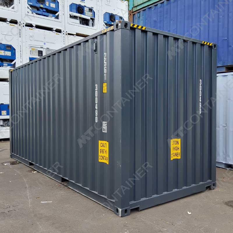 Grauer 20 Fuß Seecontainer NARU 300490 3, Vorderansicht von außen links