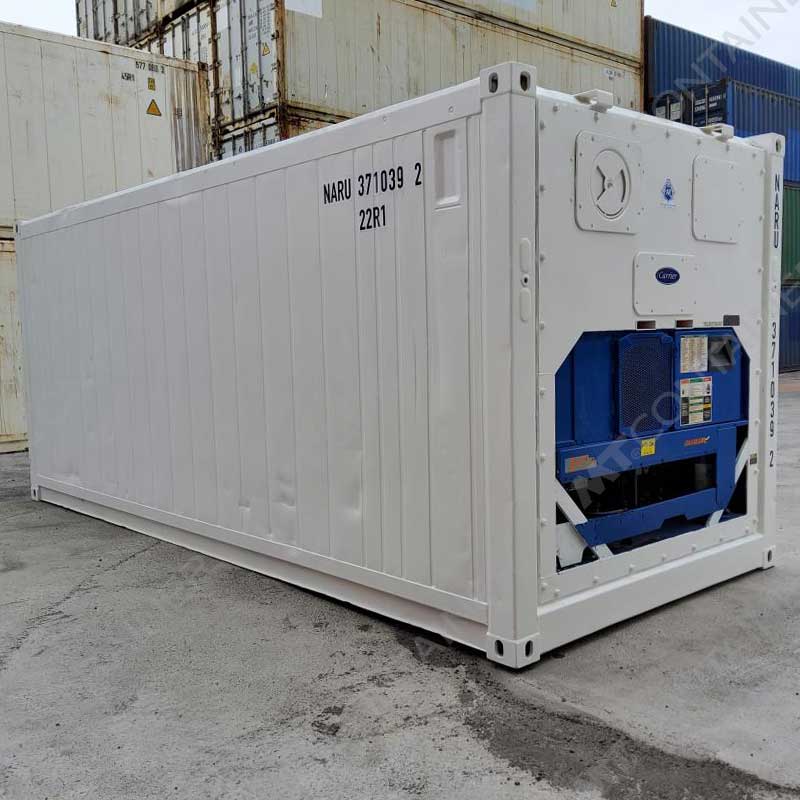 Weißer 40 Fuß High Cube Kühlcontainer NARU 371039-2, Vorderansicht von außen