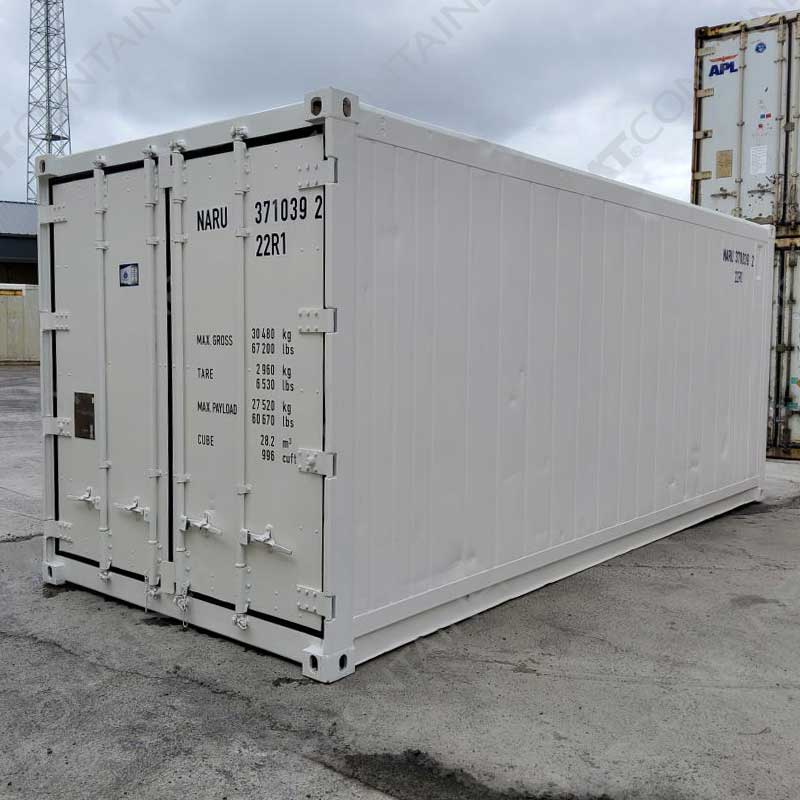 Weißer 20 Fuß Kühlcontainer NARU 371039 2, Rückansicht von außen rechts