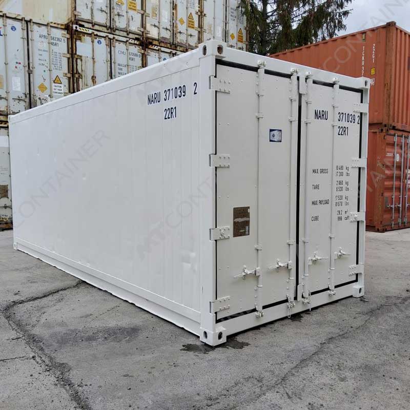 Weißer 40 Fuß High Cube Kühlcontainer NARU 371039-2, Rückansicht von außen links