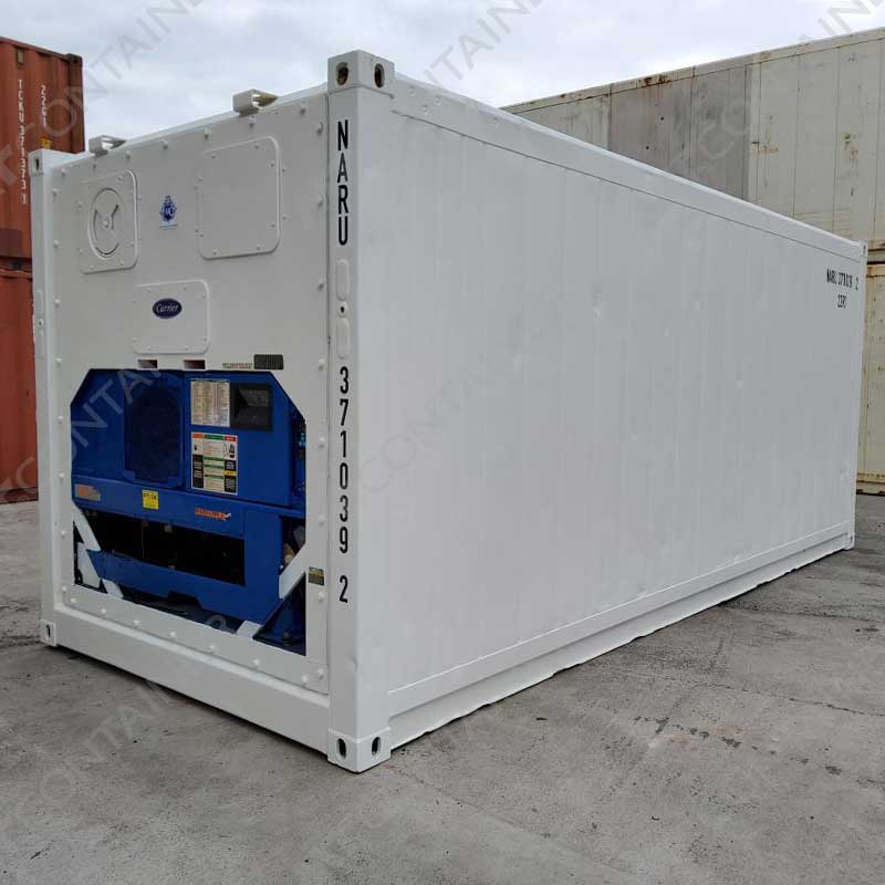 Weißer 40 Fuß High Cube Kühlcontainer NARU 371039-2, Blick auf das Kühlaggregat