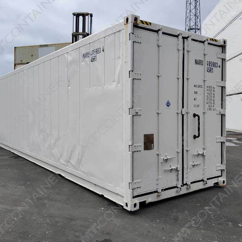 Weißer 40 Fuß High Cube Kühlcontainer NARU 495903 4, Rückansicht von außen links
