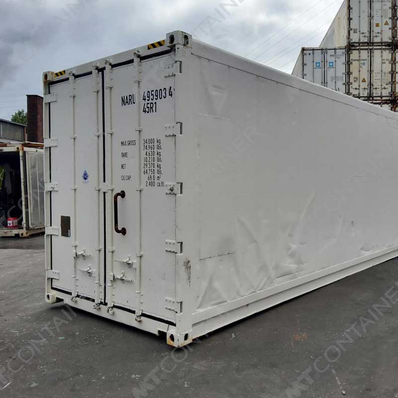 Weißer 40 Fuß High Cube Kühlcontainer NARU 495903 4, Rückansicht von außen rechts