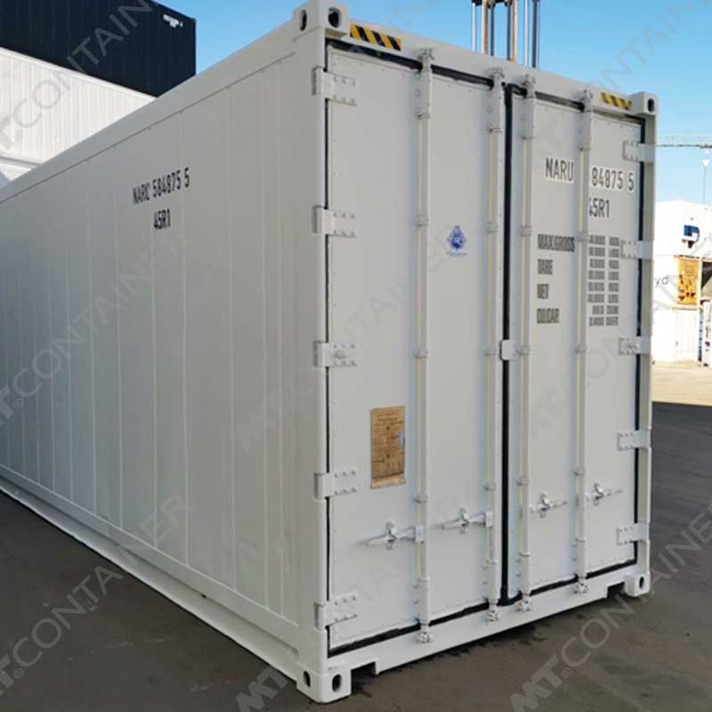 Weißer 40 Fuß High Cube Kühlcontainer NARU 584875 5, Rückansicht von außen links