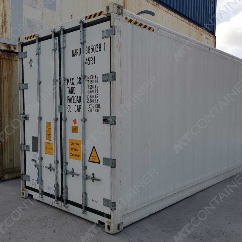 Weißer 40 Fuß High Cube Kühlcontainer NARU 885038 1, Rückansicht von außen rechts