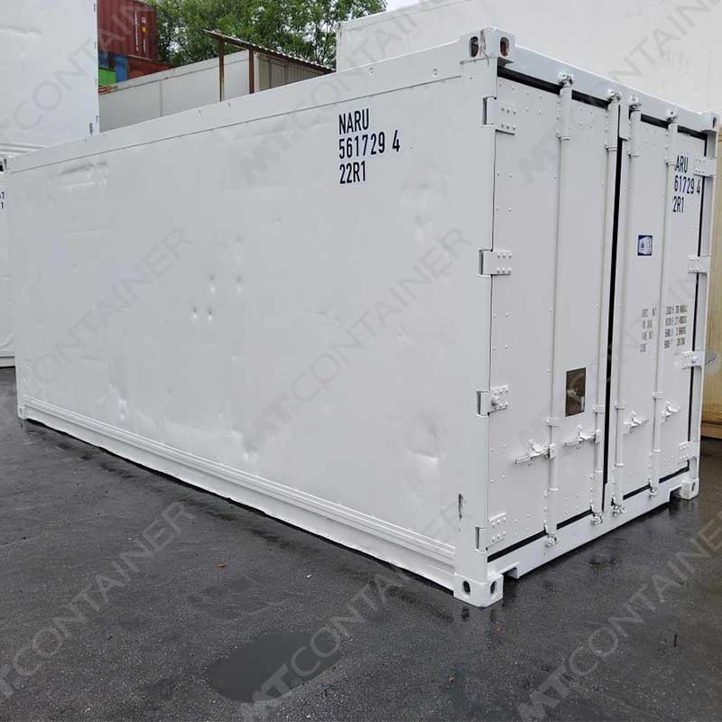 Weißer 20 Fuß Kühlcontainer NARU 561729 4, Rückansicht von außen links
