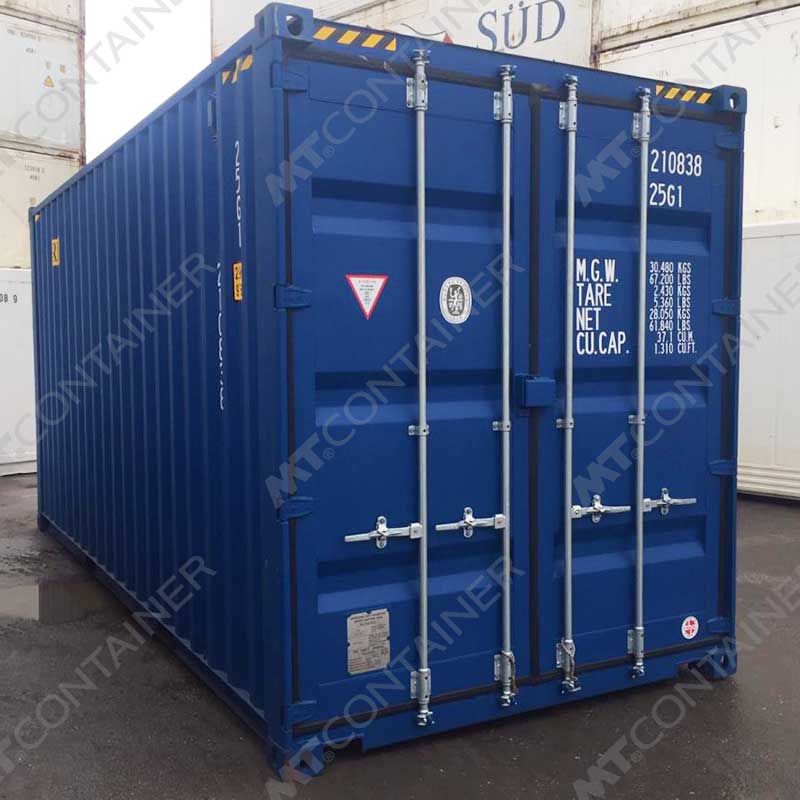 Blauer 20 Fuß High Cube Seecontainer NARU 210838 0, Rückansicht von außen links