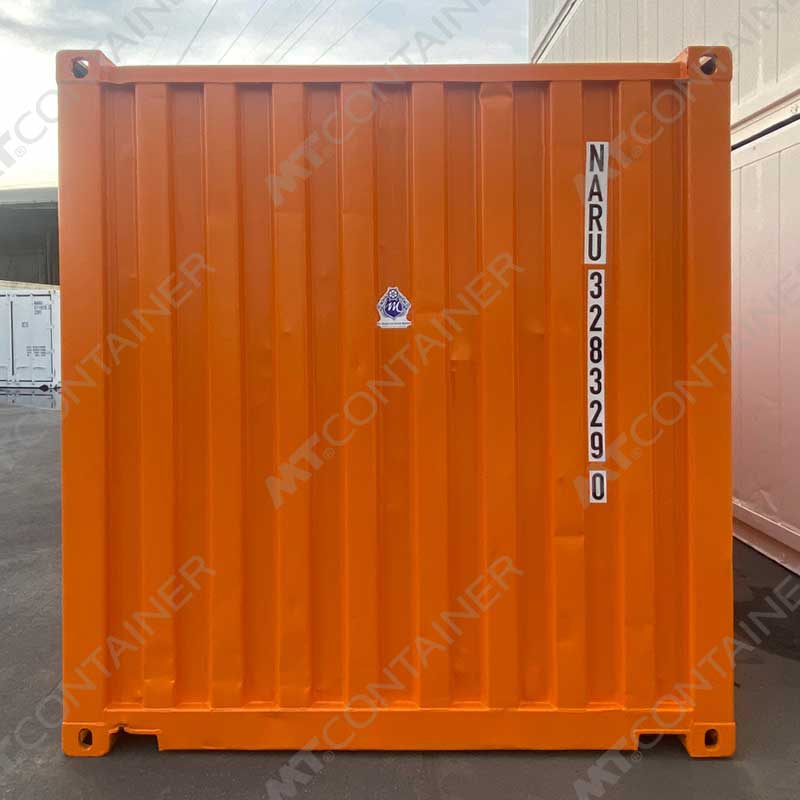 Orangener 20 Fuß Lagercontainer NARU 328329 0, Vorderansicht von außen
