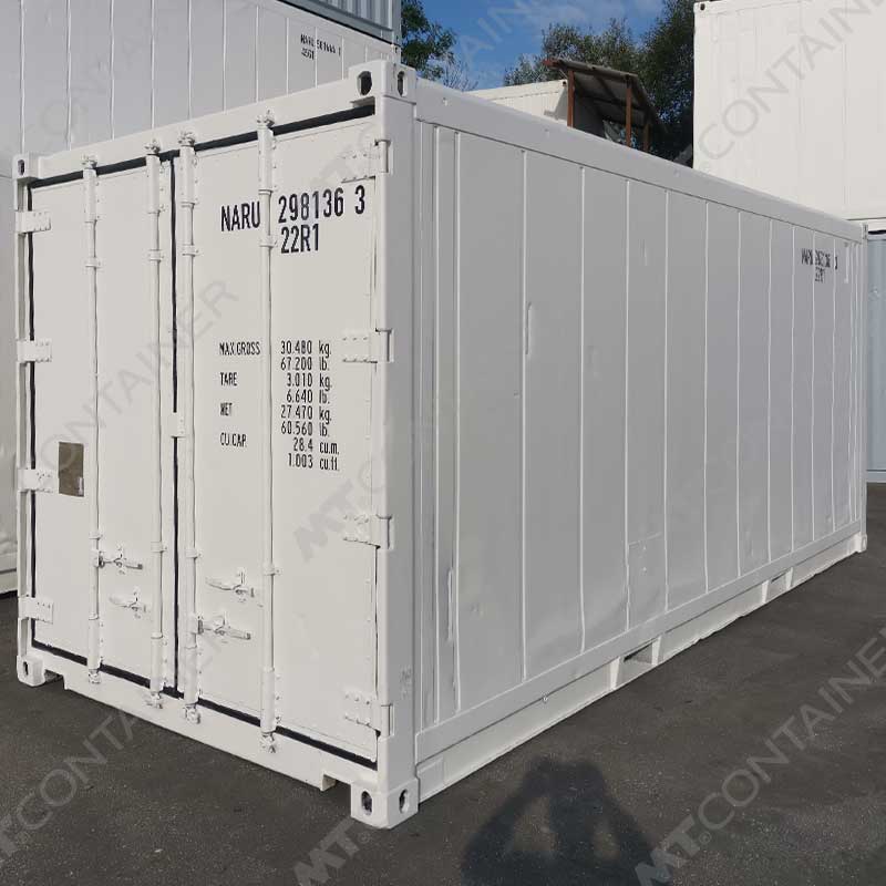 Weißer 20 Fuß Kühlcontainer NARU 298136 3, Rückansicht von außen rechts