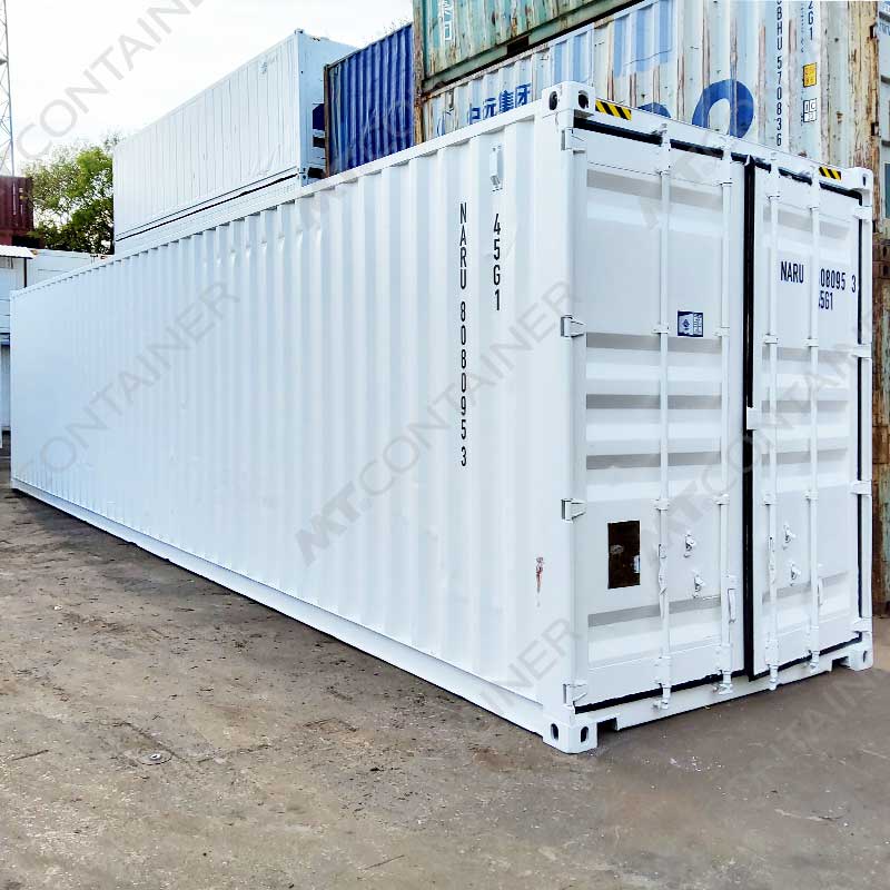 Weißer 40 Fuß High Cube Seecontainer NARU 808095 3, Rückansicht von außen links