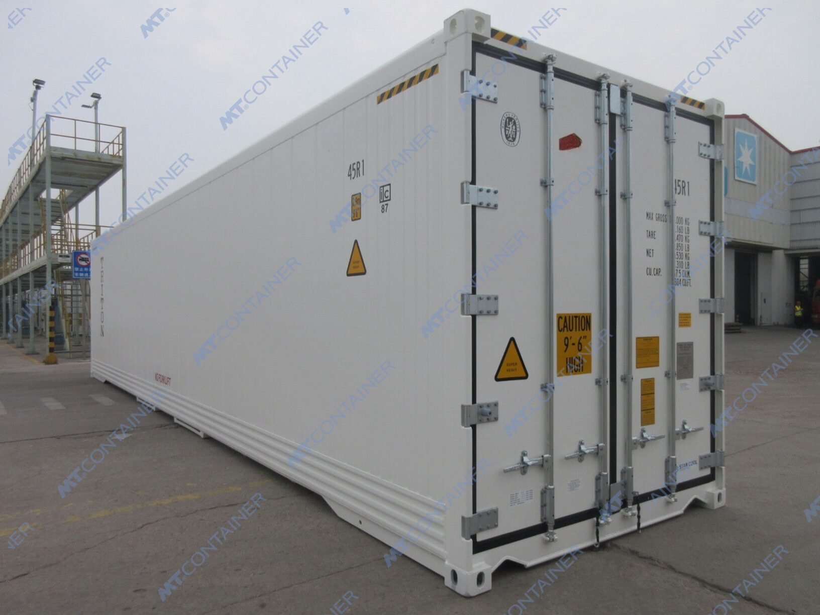 Weißer Kühlcontainer 40 Fuß High Cube mit Doppeltür Außenansicht