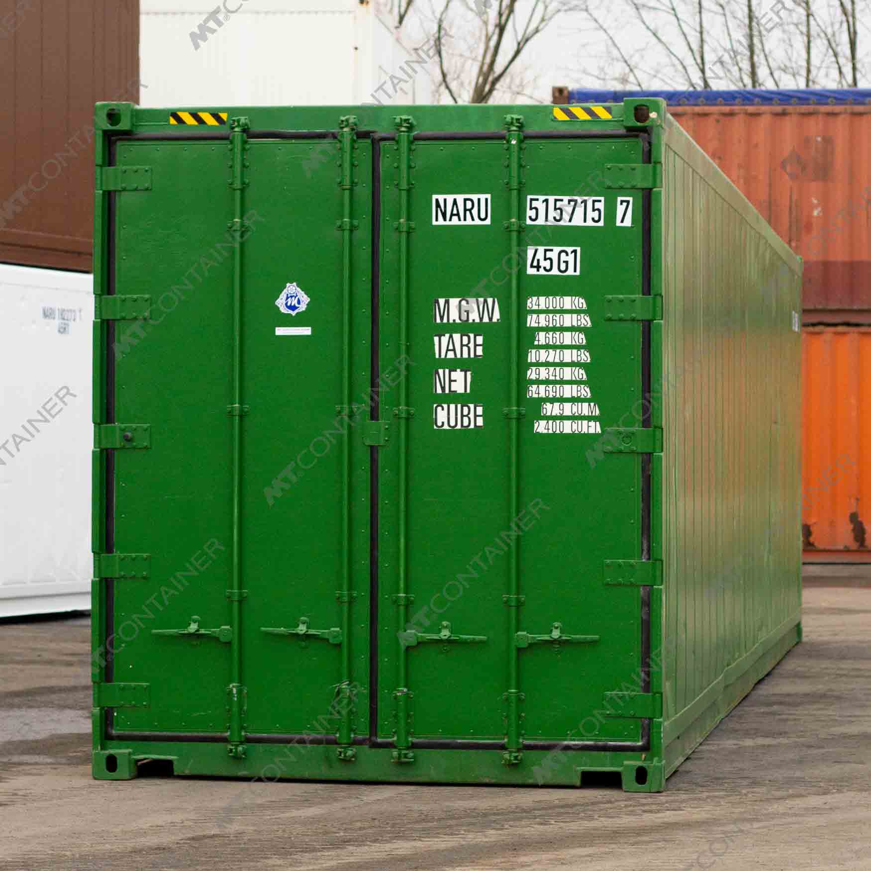 Ein grüner 40 Fuß HC Isoliercontainer NARU 515715-7 mit eingebauter Seitentür.