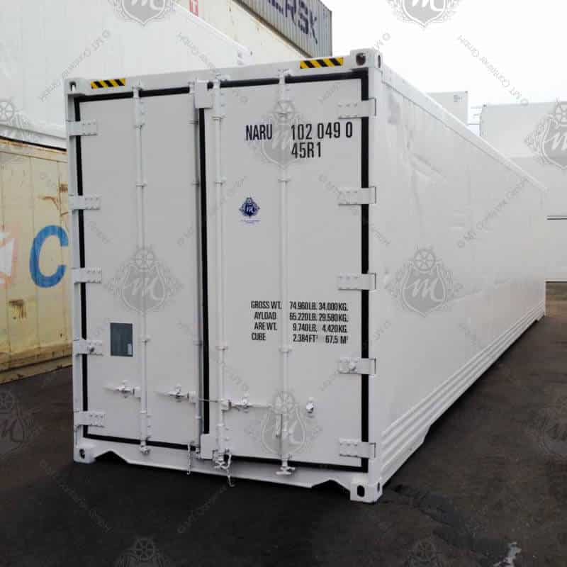 Weißer Kühlcontainer NARU 102049-0 mit geschlossenen Türen.