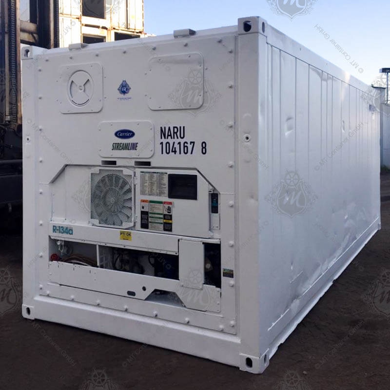 Weißer 20-Fuß-Kühlcontainer, Modell NARU 104167-8, mit sichtbaren Kühlelementen an der Vorderseite und geprägten Linien auf der Seite.