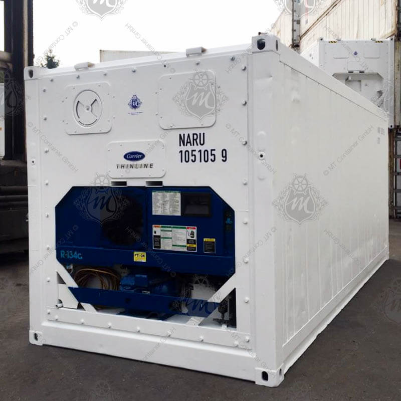 Ein 20 Fuß langer weißer Kühlcontainer mit der Aufschrift "NARU 105105-9".