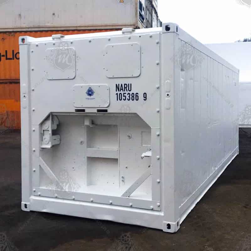 Ein weißer 20-Fuß-Isoliercontainer mit der Aufschrift "NARU 105386-9" befindet sich im Bild.