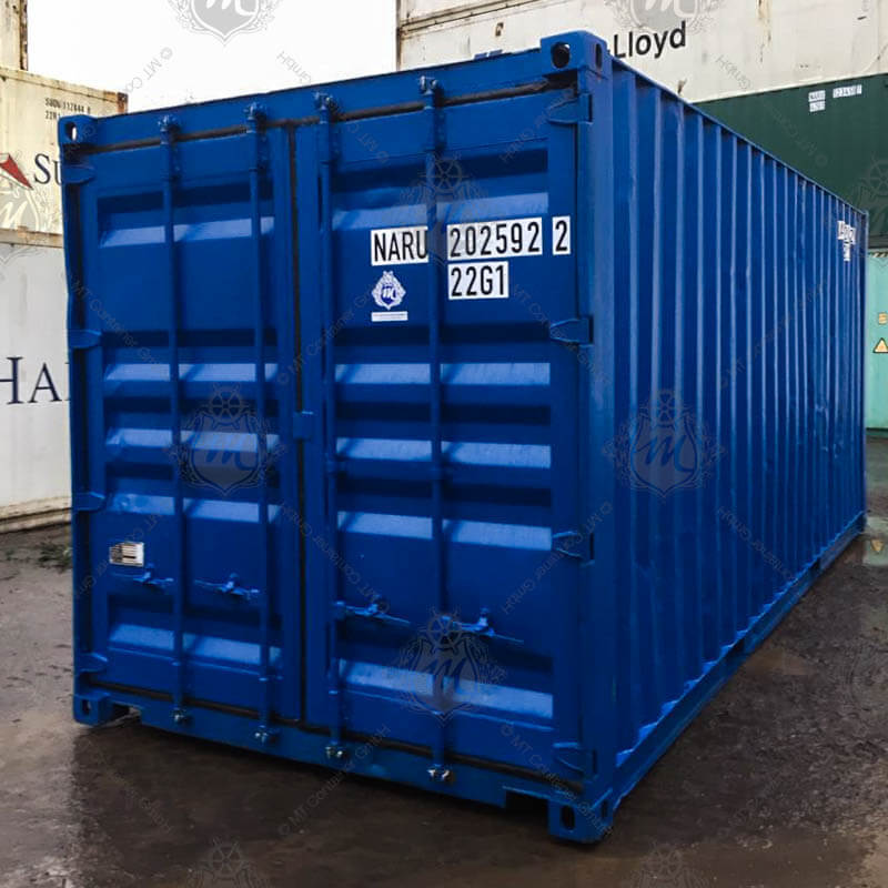 Ein blauer 20 Fuß Lagercontainer mit der Bezeichnung NARU 202592-2.