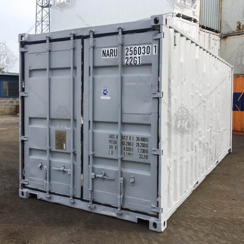 Ein grauer 20-Fuß-Seecontainer der Marke NARU 256030-1 steht auf einer Betonfläche.