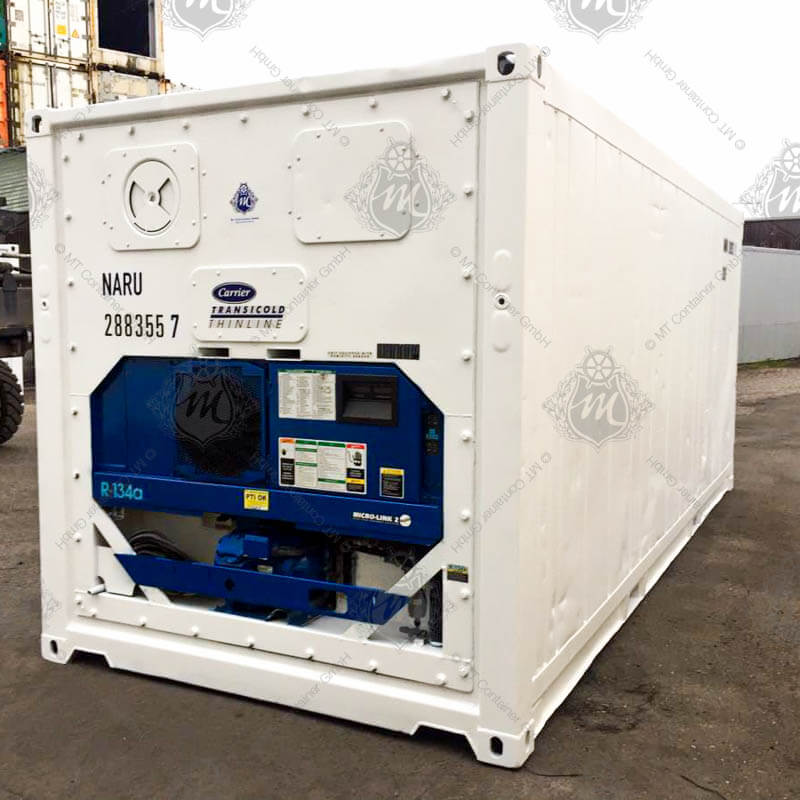 Ein weißer 20-Fuß-Kühlcontainer vom Typ NARU 288355-7 mit blauem Kühlsystem auf der Vorderseite.