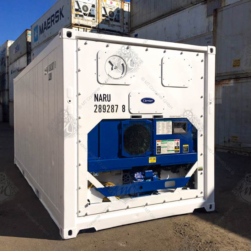 Weißer 20-Fuß-Kühlcontainer mit der Aufschrift „NARU 289287-8“. Der untere Teil des Containers enthält eine blaue Kühlanlage.