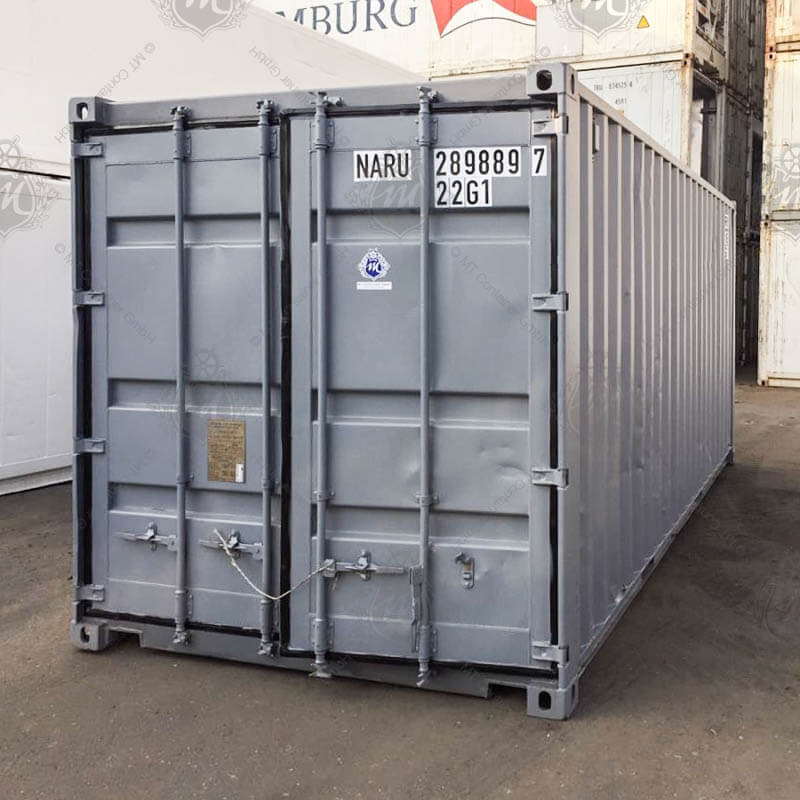 Ein grauer 20-Fuß-Seecontainer mit der Aufschrift "NARU 289889-7".