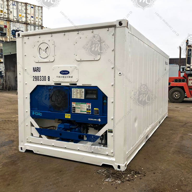 Ein weißer 20-Fuß-Kühlcontainer, Modell NARU 290330-8, mit integrierter blauer Kühltechnologieeinheit und diversen Kontrollanzeigen an der Vorderseite.