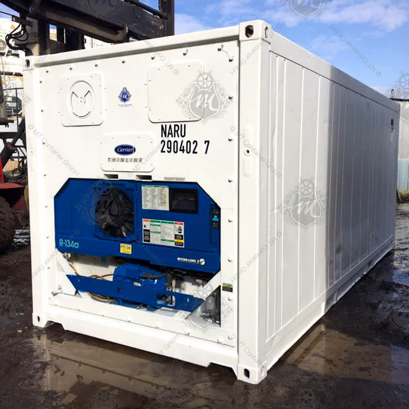 Weißer 20-Fuß-Kühlcontainer mit der Aufschrift "NARU 290402-7". Frontseite enthält ein blaues Bedienelement.