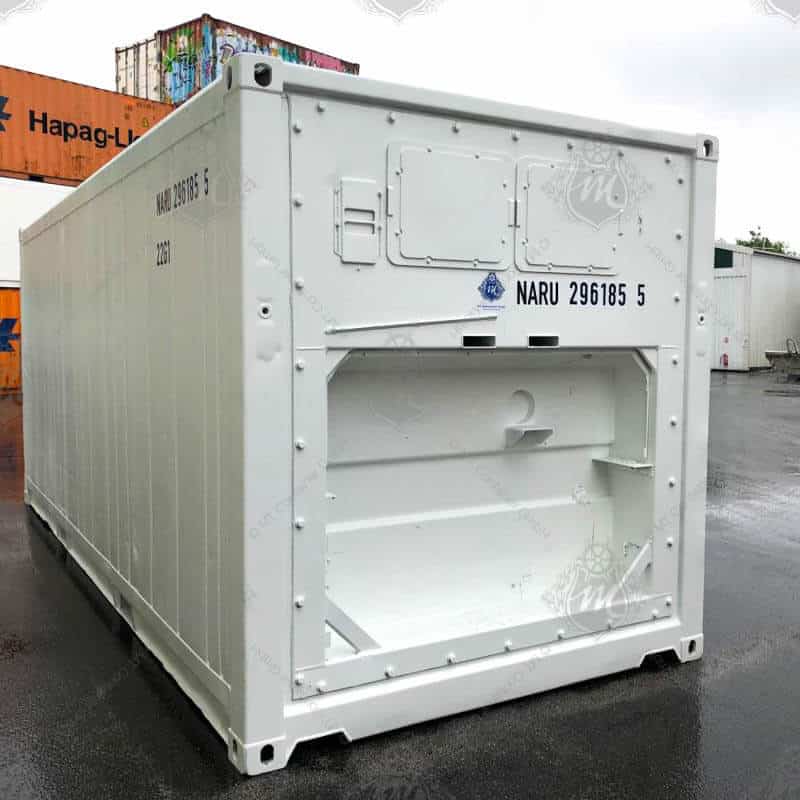 Ein weißer 20-Fuß-Isoliercontainer mit der Markierung "NARU 296185-5".