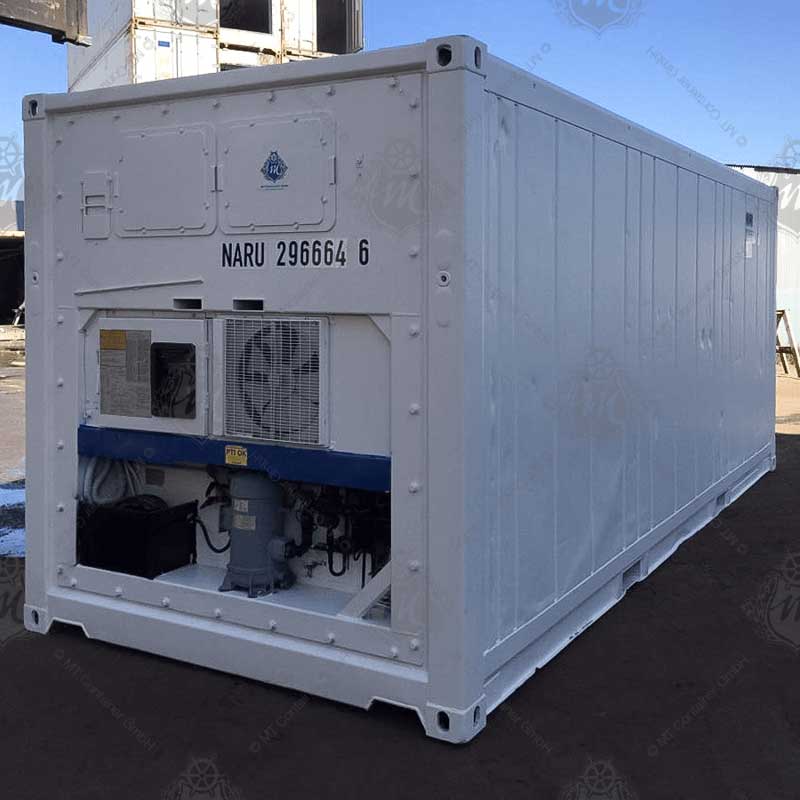 Weißer 20-Fuß-Kühlcontainer, Produktname NARU 296664-6, rechteckige Form mit integrierter Kühltechnik an der Stirnseite.