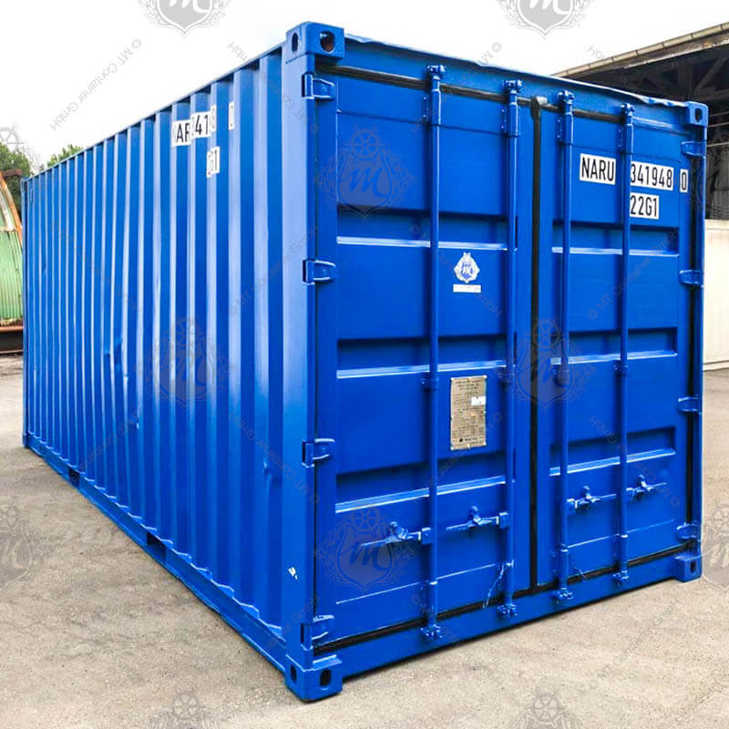 Ein blauer, 20 Fuß langer Lagercontainer mit der Beschriftung "NARU 341948-0".