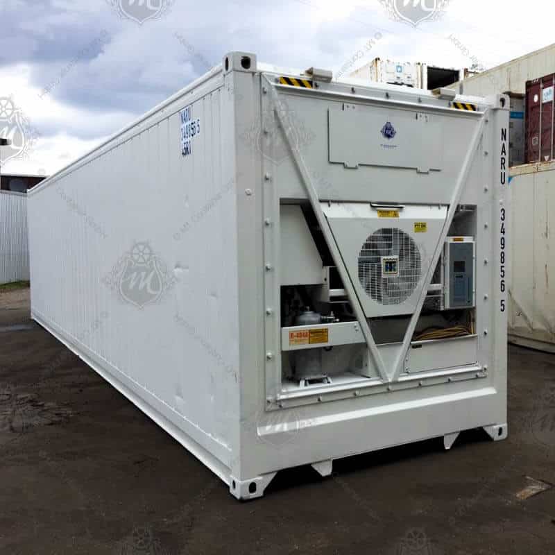 Weißer 40-Fuß-HC Kühlcontainer mit der Kennung NARU 349856-0.