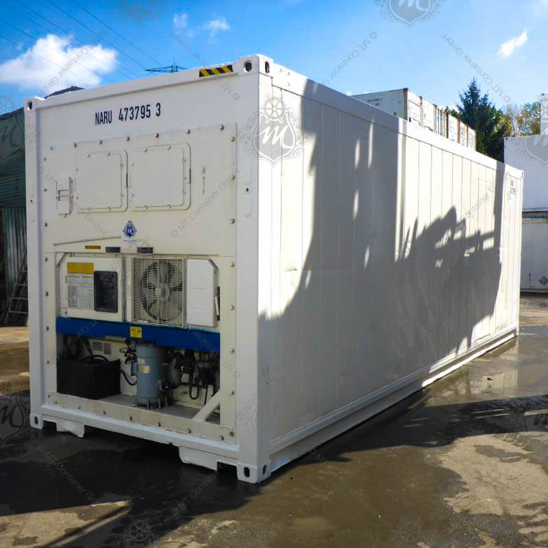 Ein 30 Fuß langer, weißer Kühlcontainer mit der Aufschrift "NARU 473795-3".