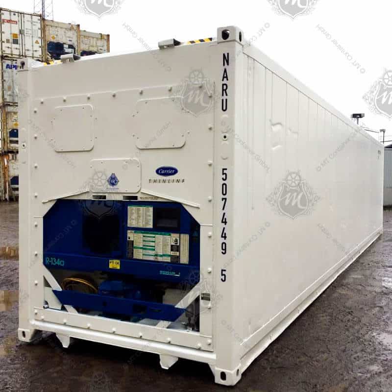 Ein weißer 40 Fuß High Cube Kühlcontainer mit der Kennung "NARU 507449-5".