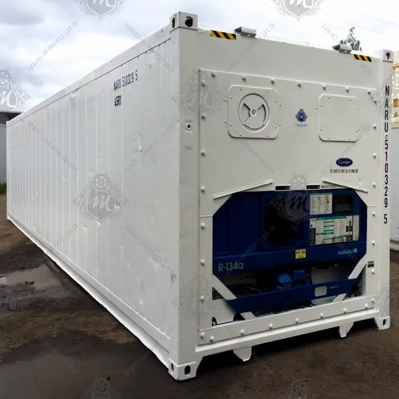 Ein weißer 40-Fuß-High-Cube-Kühlcontainer mit der Aufschrift "NARU 510329-5".