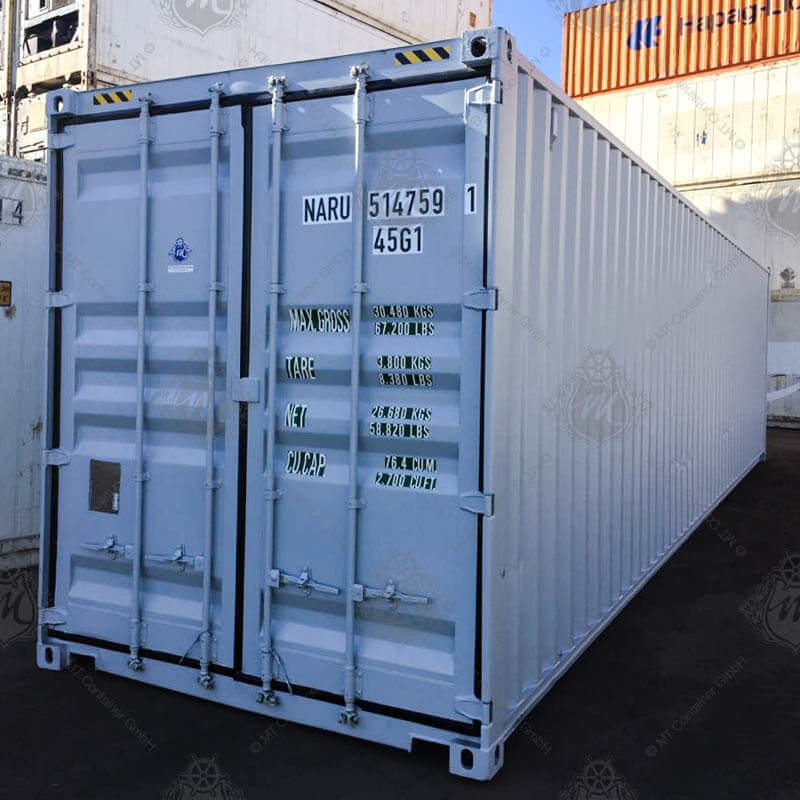 Weißer, 40 Fuss High Cube Seecontainer mit der Aufschrift NARU 514759-1.