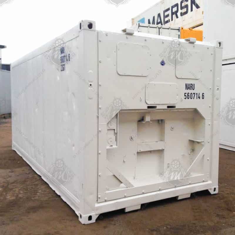 Ein weißer 20-Fuß-Isoliercontainer mit der Aufschrift "NARU 560714-6".