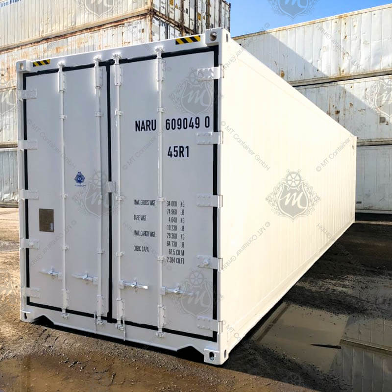 Weißer 40 Fuss High Cube Kühlcontainer mit der Aufschrift NARU 609049-0.