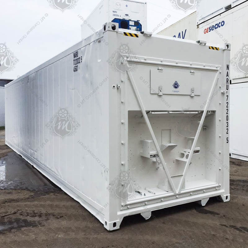 Ein weißer 40 Fuß High Cube Isoliercontainer mit der Aufschrift "NARU 722032-5".