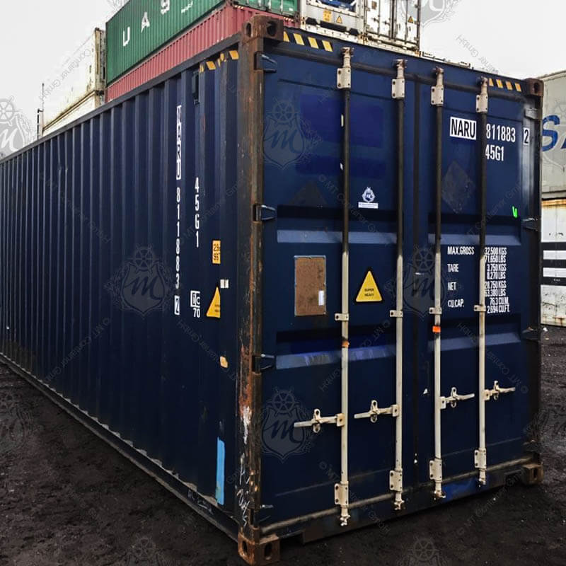 Ein 40 Fuss High Cube Lagercontainer NARU 811883-2 in dunkelblauer Farbe.